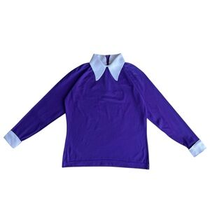 Vintage Women’s 70s Purple And White Wing Collar Long Sleeve Shirt Medium Disco